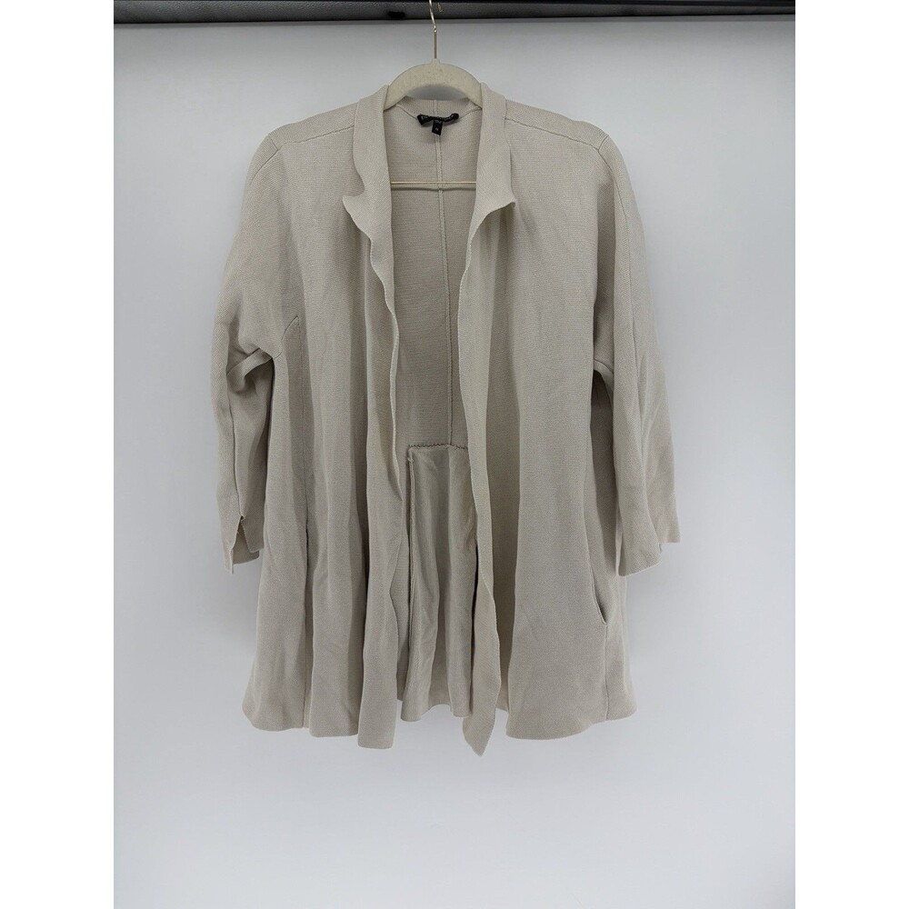 Eileen Fisher Cardigan Greige Silk Cotton Open Front Plus 1X Longline Knit